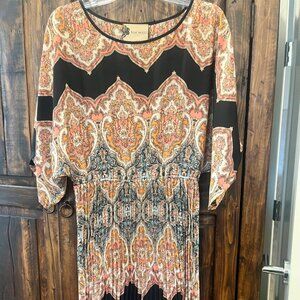 ANTHROPOLOGIE paisley cocktail midi dress EUC RTL $128 fluer world poly 6 M